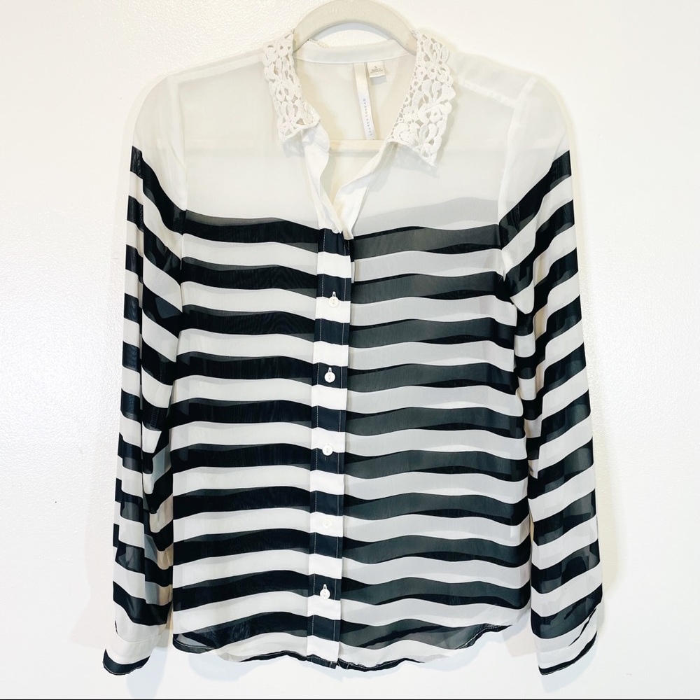 lace collar black and white stripe sheer button down blouse
